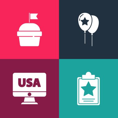 Pop sanatını A.B.D. Bağımsızlık Günü 'nü monitörde, Balon ve Kek ikonunda ayarlayın. Vektör.
