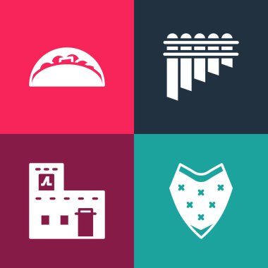 Pop sanat pançosu, Meksika evi Pan flütü ve tortilla ikonlu taco hazırla. Vektör.