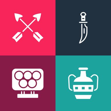 Pop sanatını Antik amforalar, olimpiyat yüzükleri, hançer ve çapraz ok simgesi olarak ayarla. Vektör.