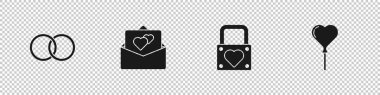 Evlilik yüzükleri, tebrik kartları, kilit, kalp ve balon formları. Vektör.