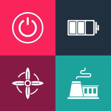 Pop Sanat Fabrikası, Rüzgar türbini, Batarya ve Güç düğmesi simgesini ayarla. Vektör.