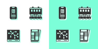 Set Haber, E-bilet treni, Demiryolu haritası ve Yolcu arabaları ikonu. Vektör.