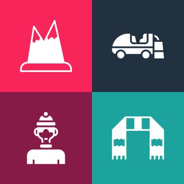 Popüler sanat eserleri kış eşarbı, atlet, buz yüzeyi ve dağ ikonu. Vektör.