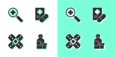 Bir şişe ilaç şurubu, tıbbi araştırma için büyüteç, çapraz sargı bezi ve reçeteli ikon. Vektör.