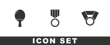 Masa tenisi, madalya ve ikon oynamak için raketi ayarlayın. Vektör.