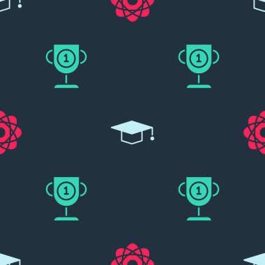 Atom 'u, mezuniyet şapkasını ve ödül kupasını kusursuz kalıba getir. Vektör.