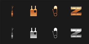 Awl aracı, kolsuz tişört, emniyet raptiyesi ve mezura simgesi. Vektör.