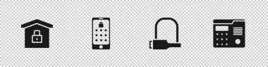 House 'u koruma altına alın, mobil ve grafik parola, bisiklet kilidi ve dahili iletişim sistemi simgesi. Vektör.