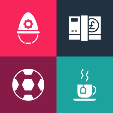 Çay poşeti, futbol topu, sterlin para ve İngiliz polis miğferi ikonu ile Pop Art Cup çayı hazırla. Vektör.