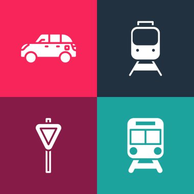 Pop sanat trenini, tren yolunu, trafik levhasını ve Hatchback araba ikonunu ayarla. Vektör.