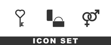 Anahtar 'ı kalp şeklinde ayarla, elmas nişan yüzüğü ve cinsiyet simgesi. Vektör.