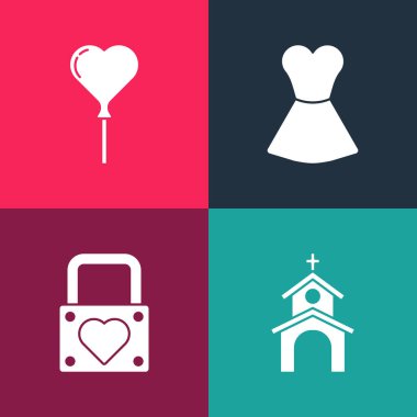 Pop sanat kilisesi binası, kilit ve kalp, kadın elbisesi ve balon simgesi. Vektör.