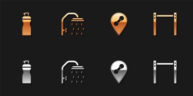 Fitness karıştırıcıyı, duş başlığını, spor salonunu ve yatay bar simgesini ayarla. Vektör.