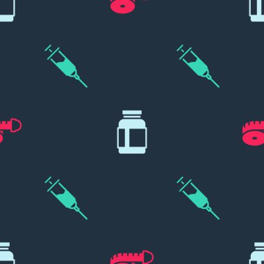 Bant ölçüsü, spor beslenme ve Doping şırıngasını kusursuz desene ayarlayın. Vektör.