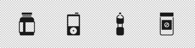 Set Sports beslenme, müzik çalar, bir şişe su ve Anabolik uyuşturucu ikonu. Vektör.