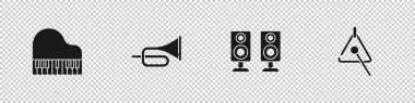 Grand piano, Trompet, Stereo hoparlörü ve Üçgen ikonunu ayarla. Vektör.