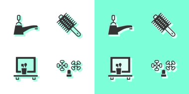 Su musluğu, lavabo aynası ve saç fırçası ikonu. Vektör.