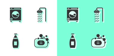 Bir kalıp sabun, çamaşır makinesi, şişe sıvısı ve duş ikonu. Vektör.