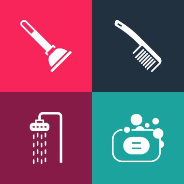 Pop sanat galerisi sabun, duş fırçası, saç fırçası ve plastik pompa ikonunu ayarla. Vektör.