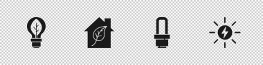 Yapraklı ampulü, çevre dostu evi, LED ışığı ve Güneş enerjisi simgesini ayarla. Vektör.