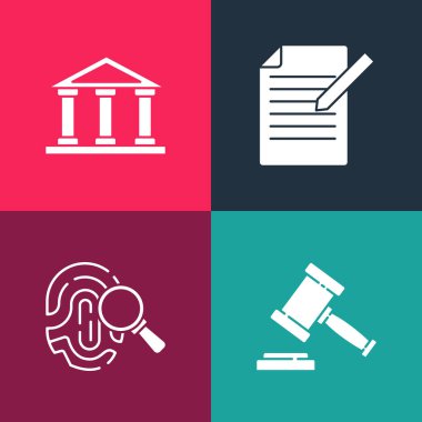 Popüler sanatlar yargıcı tokmağı, parmak izi, belge, kalem ve adliye binası ikonunu ayarla. Vektör.