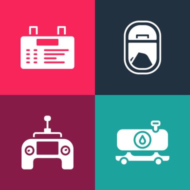 Popüler yakıt tankeri, uzaktan kumanda, uçak penceresi ve havaalanı ikonu ayarlayın. Vektör.