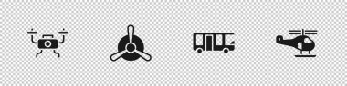 Drone uçuşu, uçak pervanesi, havaalanı otobüsü ve helikopter simgesini ayarlayın. Vektör.