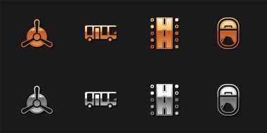 Uçak pervanesini, havaalanı otobüsünü, pist ve uçak pencere simgesini ayarla. Vektör.