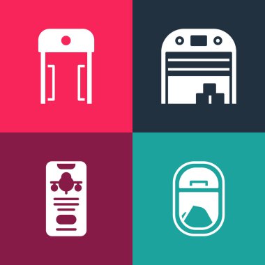 Pop Art Airplane penceresi, bilet ile mobil, Uçak hangarı ve Metal detektör havaalanı ikonu ayarla. Vektör.