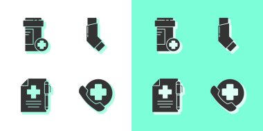 Acil durum telefonunu hastaneye, ilaç şişesine, reçeteye, kaleme ve astım ilacına ayarla. Vektör.