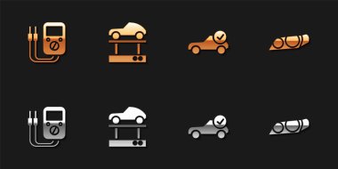 Multimetreyi ayarla, asansörü tamir et, otomobili kontrol et ve araba farlarının ikonunu yap. Vektör.