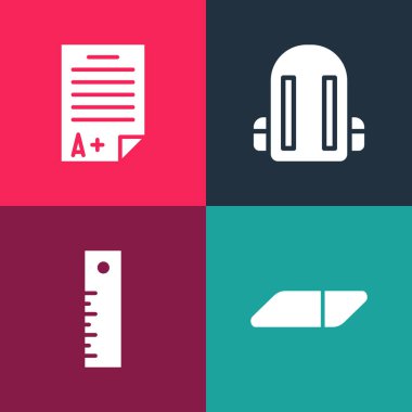 Pop sanat silgisini veya kauçuğu, cetveli, okul sırt çantasını ve sınav kağıdını A artı derece simgeyle ayarla. Vektör.