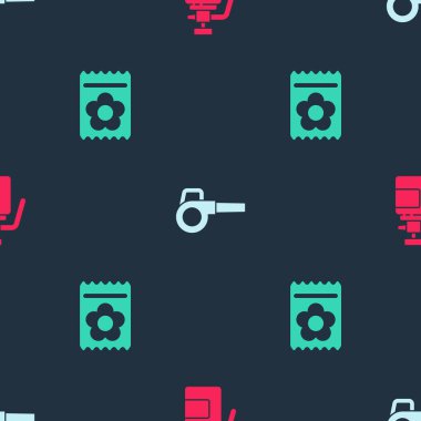 Gübre için bahçe spreyini, yapraklı bahçe üfleyicisini ve bitkilerle dolu tohum paketini kusursuz desenli olarak ayarla. Vektör.