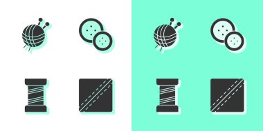 Dikiş desenini, örgü iğneli iplik topunu, iplik ve düğme simgesini ayarla. Vektör.