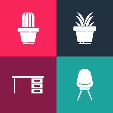 Popüler sanat ofis koltuğu, masa, saksıya bitki, kaktüs ve sulu ikon koyun. Vektör.