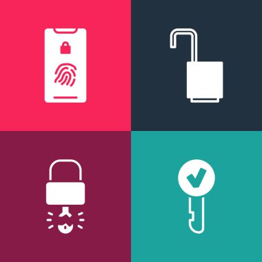 Pop Art Key 'i ayarlayın, asma kilidi kırın, parmak izi tarama simgesi ile Açık ve Mobil' i açın. Vektör.