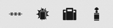 Dikenli telleri, el bombasını, polis saldırı kalkanını ve ikonu hazırlayın. Vektör.