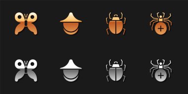 Kelebek, Arıcı şapkası, Mite ve Örümcek simgesini ayarla. Vektör.