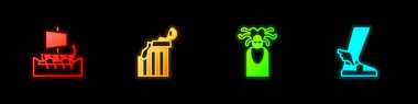 Yunan trireme, kırık antik sütun, Medusa Gorgon ve Hermes sandal ikonu. Vektör.