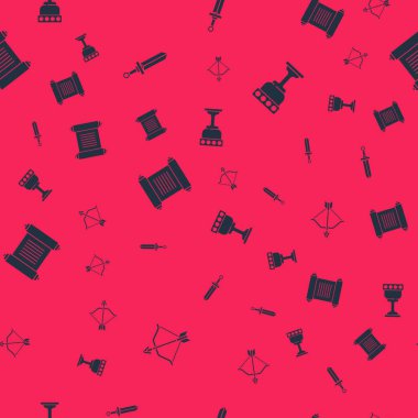 Ortaçağ yayı ve oku, kılıcı, fermanı, parşömeni, parşömeni, parşömeni ve kadehi pürüzsüz desene göre ayarla. Vektör.