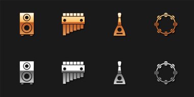 Stereo hoparlörünü, Pan flütünü, Balalaika 'yı ve Tef simgesini ayarla. Vektör.