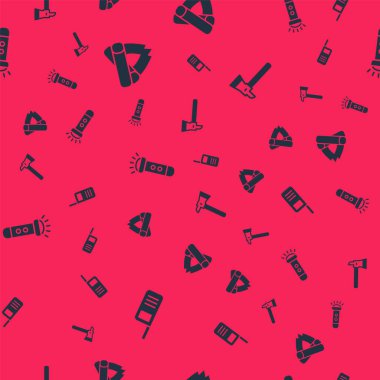 Telsiz, kamp ateşi, el feneri ve itfaiyeci baltasını kusursuz desenlere ayarlayın. Vektör.