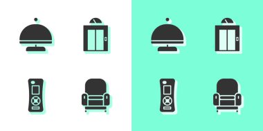 Koltuğu hazırla, tepsiyle kaplı, uzaktan kumanda ve kaldırma simgesi. Vektör.