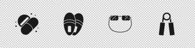 İlaç hapı veya tablet, terlik, gözlük ve spor büyüteç simgesini ayarlayın. Vektör.