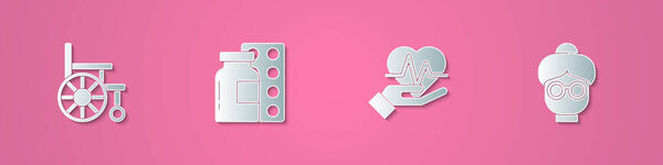 Set paper cut Wheelchair, Pills in blister pack, Heart rate and Grandmother icon. Paper art style. Vector.