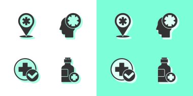 Bir şişe ilaç şurubu, çapraz hastaneli harita işaretleyici, Cross sağlık ve erkek baş ikonu. Vektör.