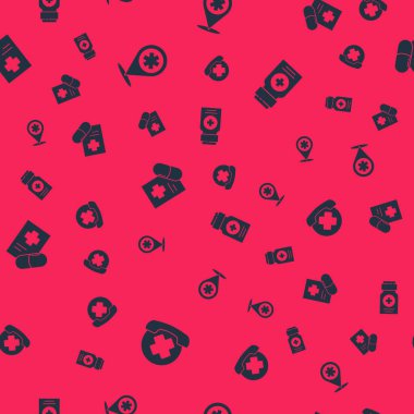 Acil durum telefonunu hastaneye, harita işaretleyicisini çapraz, tıbbi reçeteli ve ilaç şişesini pürüzsüz bir şablona ayarla. Vektör.