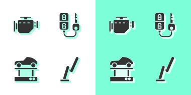 Sileceği ayarla, motoru kontrol et, asansördeki arabayı tamir et ve uzaktan kumandalı araba anahtarını ayarla. Vektör.