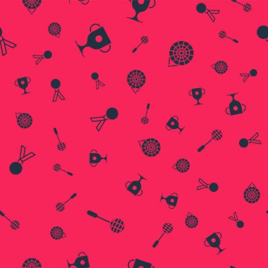 Tenis raketini, ödül kupasını, madalyayı ve klasik dart tahtasını pürüzsüz desenlere göre ayarla. Vektör.