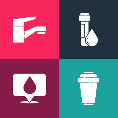 Pop Art Water filtresi kartuşunu ayarla, konumunu belirle, test tüpü suyu ve musluk simgesi. Vektör.